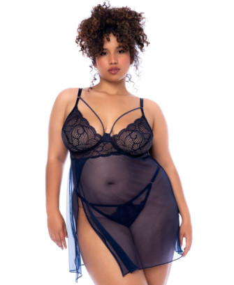 Nuisette grande taille bleu nuit et string 